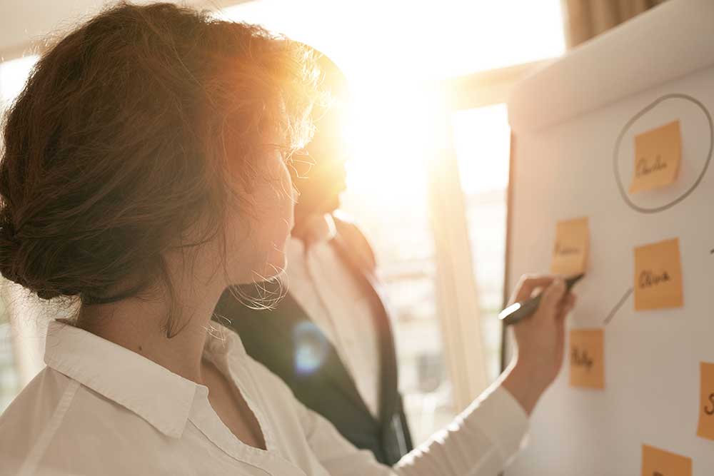 colleagues circling post-its with names on them