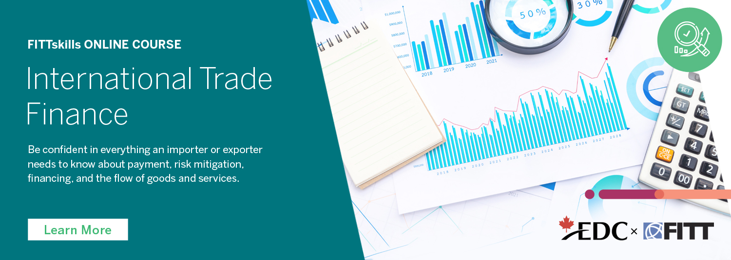 Banner image explaining the benefit of the FITTskills International Trade Finance Course and showing various financial documents and charts