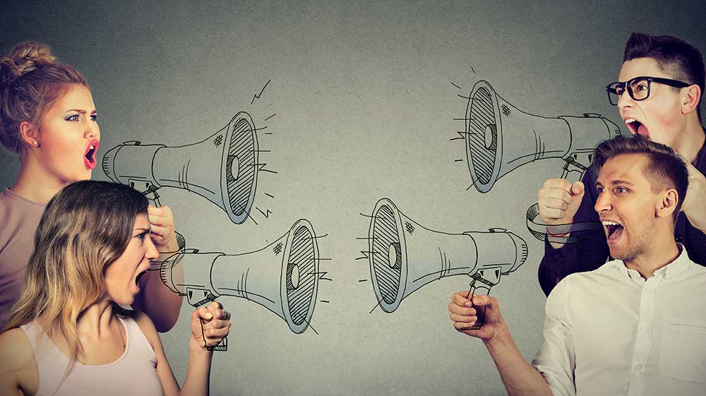 4 people talking to each other through hand drawn megaphones