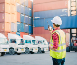 worker loading cargo containers on a doc